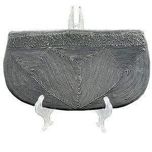 Vintage Black Cordé Slim Clutch Purse Evening Bag Center Zipper Art Deco 1940s